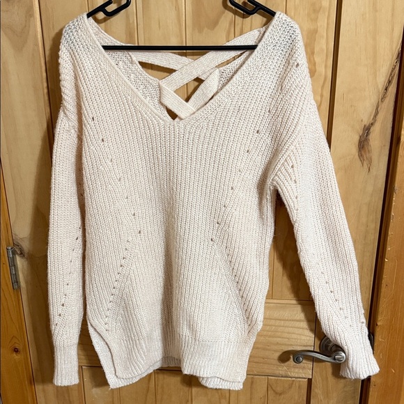 It's Our Time Cream V-Neck Sweater with Crisscross Back - Picture 1 of 7